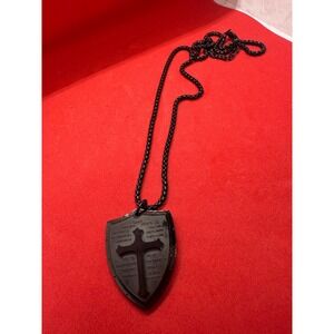 HZMAN Mens Black Shield Cross Necklace Armor of God Ephesians 6:16-17 Pendant